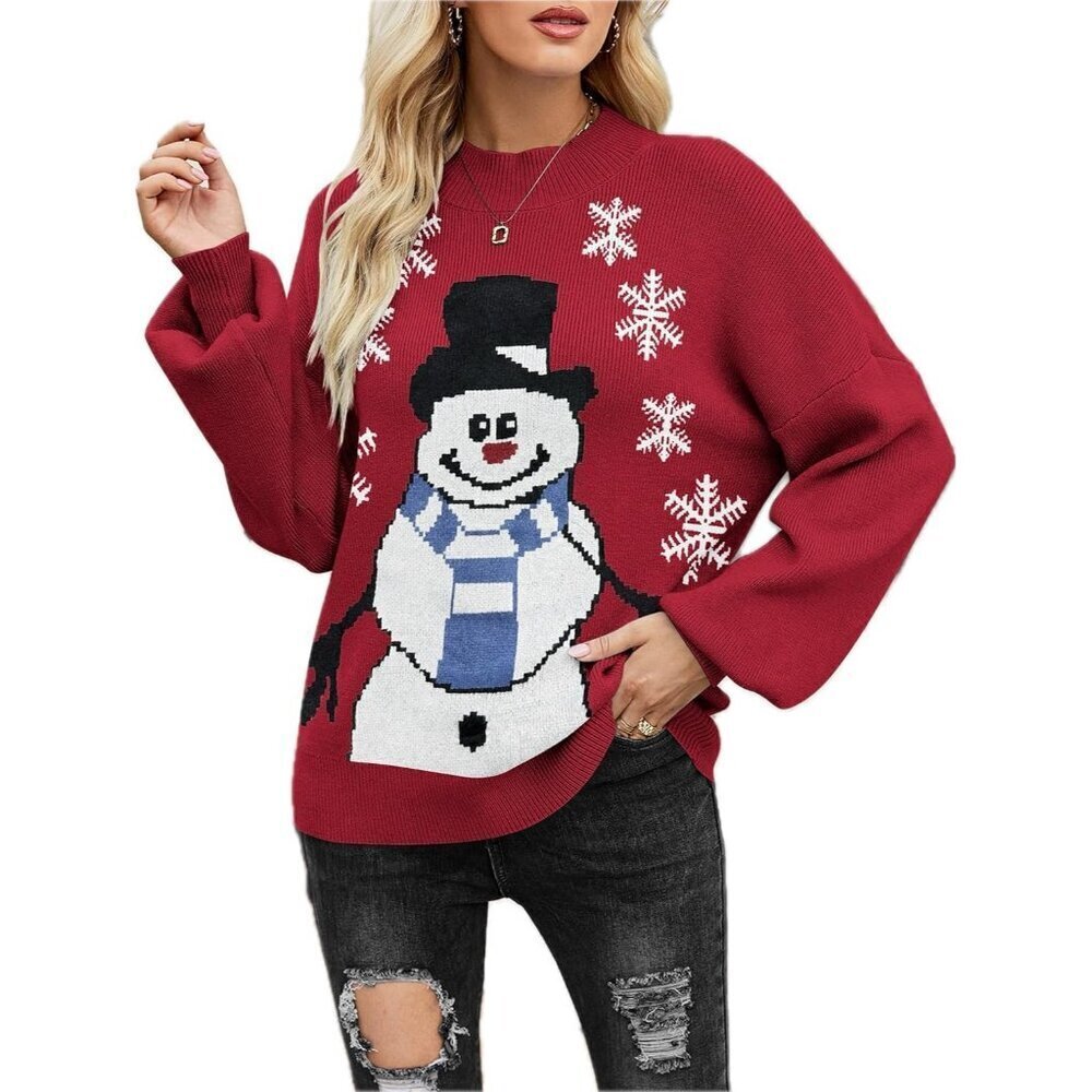 Zeagoo Women Red-snowman Long Sleeve Pullover Ribbed Knitted Pattern Sweater